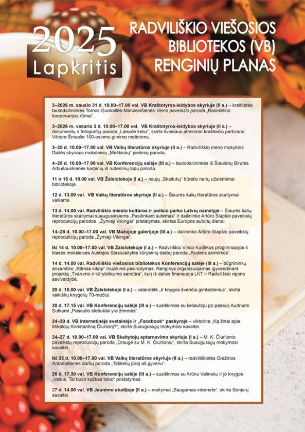 Radviliškio viešosios bibliotekos (VB) 2025 m. LAPKRIČIO MĖN. renginių planas