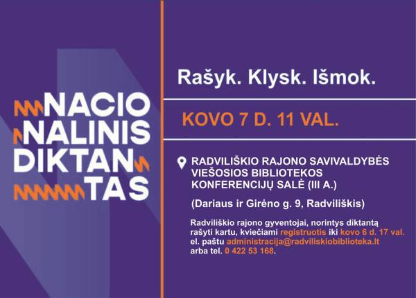 Nacionalinis diktantas Radviliškyje bus rašomas kovo 7 d. 11.00 val. Radviliškio rajono savivaldybės viešojoje bibliotekoje 