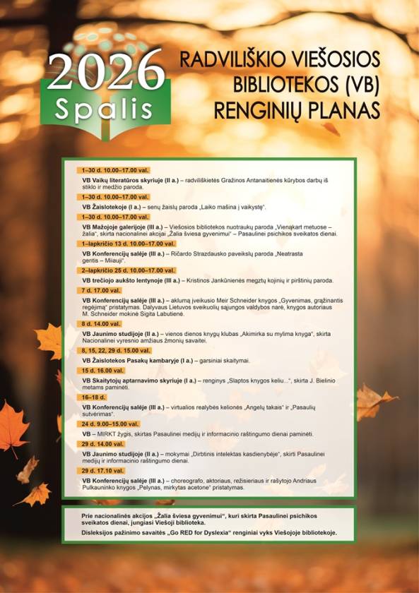 Radviliškio viešosios bibliotekos (VB) 2026 m. SPALIO MĖN. renginių planas