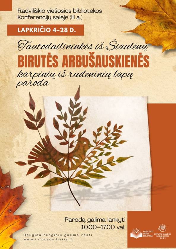 Tautodailininkės iš Šiaulėnų  Birutės Arbušauskienės  karpinių iš rudeninių lapų paroda